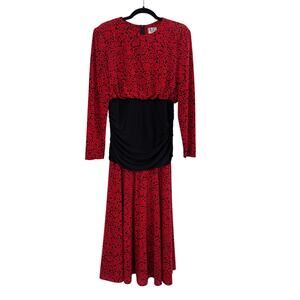 Nuit Red Black Ruched Floral Midi Dress Womens Size 14 Whimsigoth Romantic ILGWU